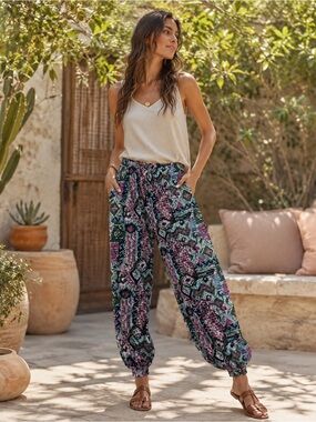 Boho Printed Drawstring Joggers - Purple Green Multicolor